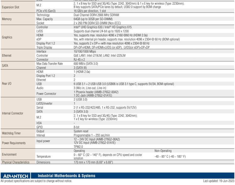 研華AIMB-276 適配Intel 第8/9代 Core?i7/i5/i3 處理器，搭載Q370芯片組。超高性能，是邊緣計算、AI視頻檢測等理想解決方案。