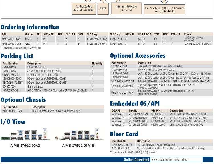 研華AIMB-276 適配Intel 第8/9代 Core?i7/i5/i3 處理器，搭載Q370芯片組。超高性能，是邊緣計算、AI視頻檢測等理想解決方案。