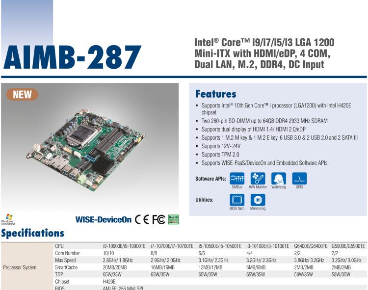 研華AIMB-287 適配Intel? 第10代 Core? i 系列處理器，搭載H420E芯片組。超薄設計，性能強勁。