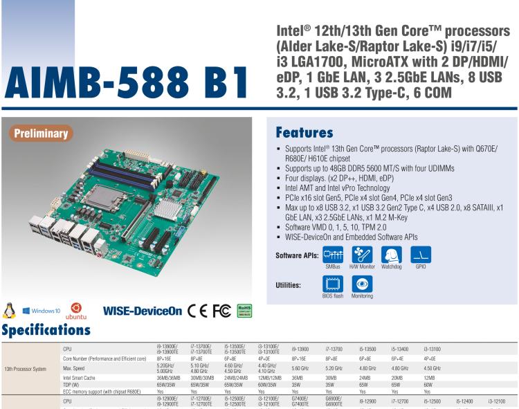 研華AIMB-588B1 適配Intel 第12/13代 Core i/奔騰系列處理器，搭載Q670E/R680E/H610E芯片組。性能可達(dá)服務(wù)器級(jí)別，獨(dú)立四顯，具備專業(yè)的圖像處理能力，是理想的行業(yè)解決方案。