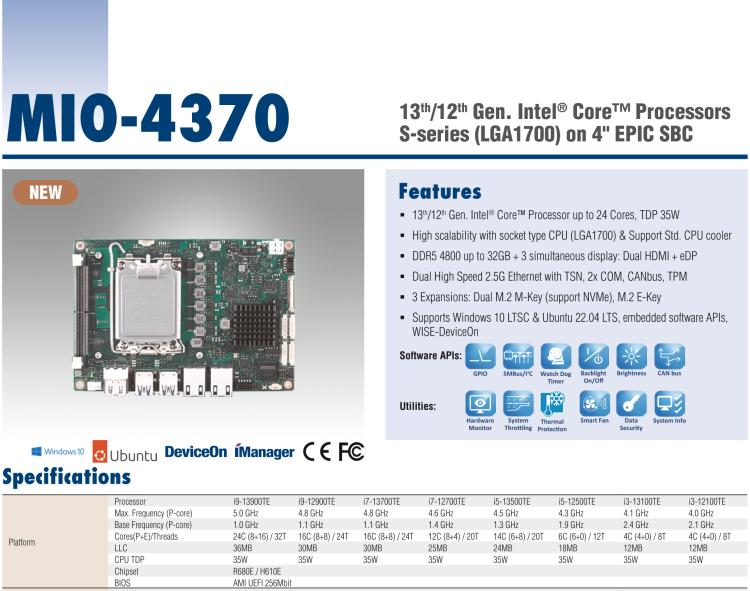 研華MIO-4370 基于第12代Intel Core處理器（Alder Lake-S系列，LGA1700 socket CPU）， 4" EPIC 單板電腦