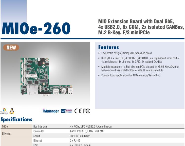 研華MIOe-260 M.2 B-key，高速 miniPCIe，雙Intel LAN，4個USB2.0、8個COM