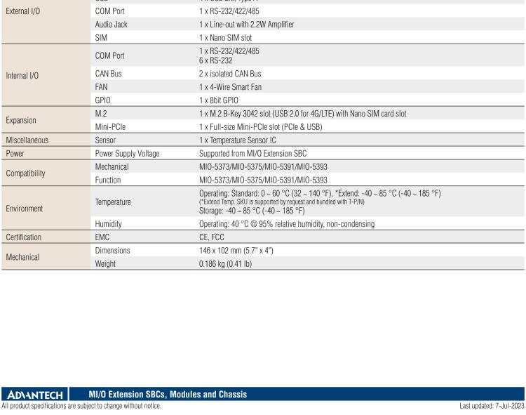 研華MIOe-260 M.2 B-key，高速 miniPCIe，雙Intel LAN，4個USB2.0、8個COM