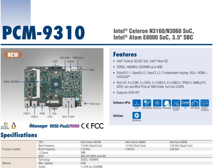 研華PCM-9310 英特爾第五代Atom?賽揚(yáng)N3160 / N3060 SoC，Intel?Atom E8000 SoC，3.5寸單板電腦，DDR3L，VGA，HDMI，48位LVDS，2GbE，Mini PCIe，mSATA，SUSI API