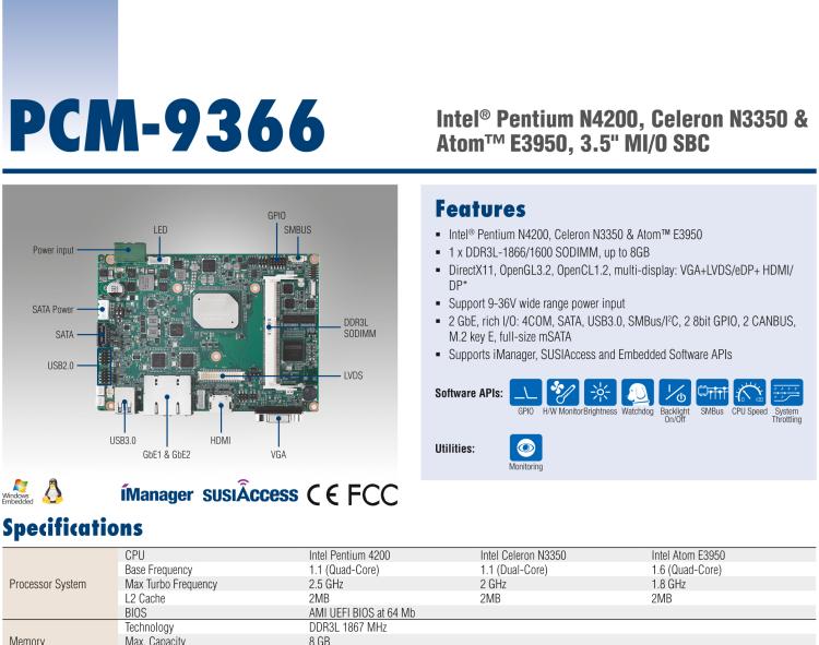 研華PCM-9366 Intel 第六代Atom?奔騰N4200賽揚(yáng)N3350，3.5寸單板電腦