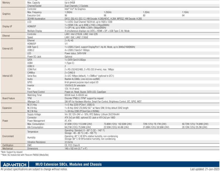 研華MIO-5377 第12代 Intel Core i7/ i5/ i3 P系列，3.5"單板電腦， 高達12 核心，TDP 28/15W