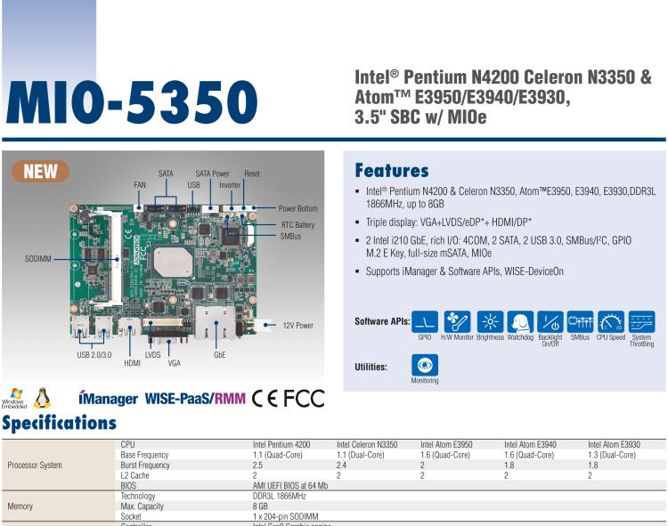 研華MIO-5350 英特爾第六代凌動 Atom?奔騰N4200/N3350，3.5寸單板電腦