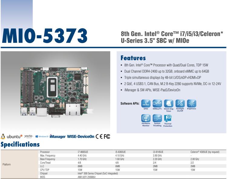 研華MIO-5373 第八代 Intel 低功耗高性能 超極本CPU 3.5寸嵌入式單板，性能提升40%