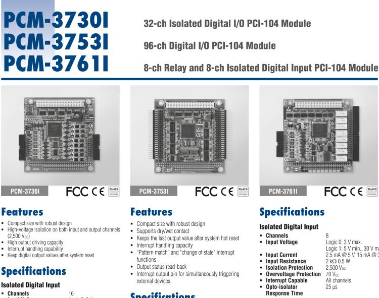 研華PCM-3730I PCI-104，2通,32通道隔離數字輸入/輸出卡