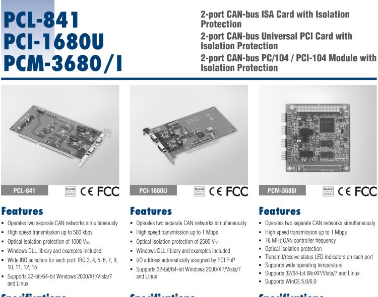 研華PCM-3680 2端口CAN總線電腦/帶隔離保護的104模塊