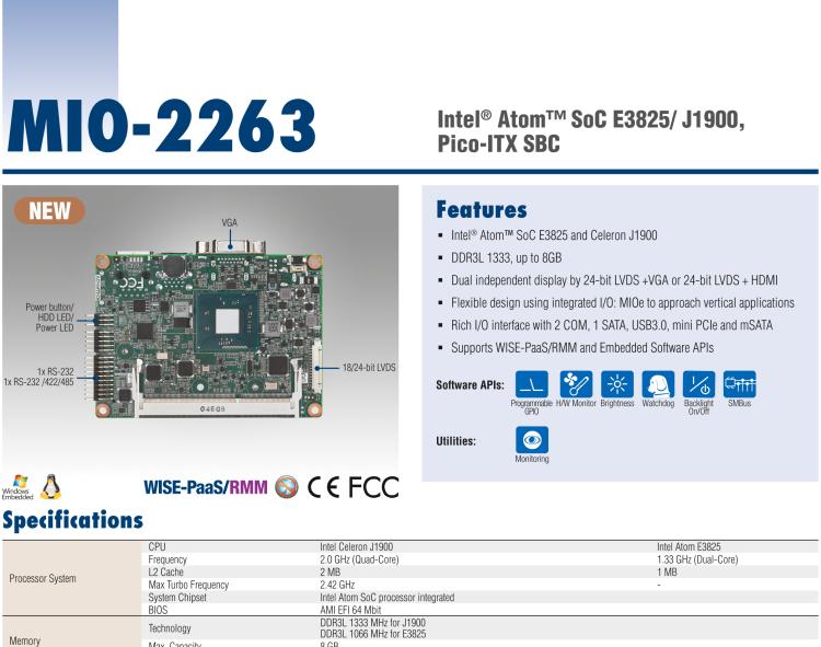 研華MIO-2263 2.5寸Pico-ITX主板，搭載Intel? Atom? SoC E3825/ J1900處理器的2.5寸Pico-ITX單板電腦，采用DDR3L內存，支持24-bit LVDS + VGA/HDMI獨立雙顯，帶有豐富I/O接口：1個GbE、半長Mini PCIe、4個USB、2個COM、SMBus、mSATA & MIOe