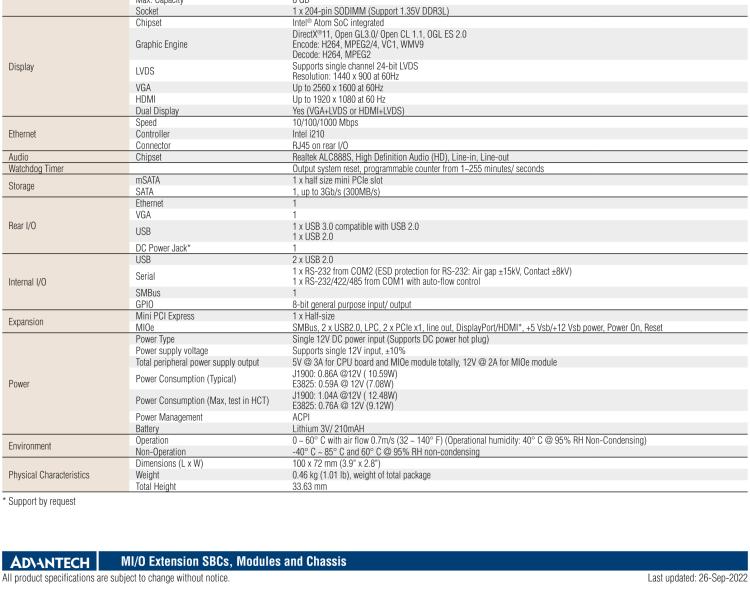 研華MIO-2263 2.5寸Pico-ITX主板，搭載Intel? Atom? SoC E3825/ J1900處理器的2.5寸Pico-ITX單板電腦，采用DDR3L內存，支持24-bit LVDS + VGA/HDMI獨立雙顯，帶有豐富I/O接口：1個GbE、半長Mini PCIe、4個USB、2個COM、SMBus、mSATA & MIOe