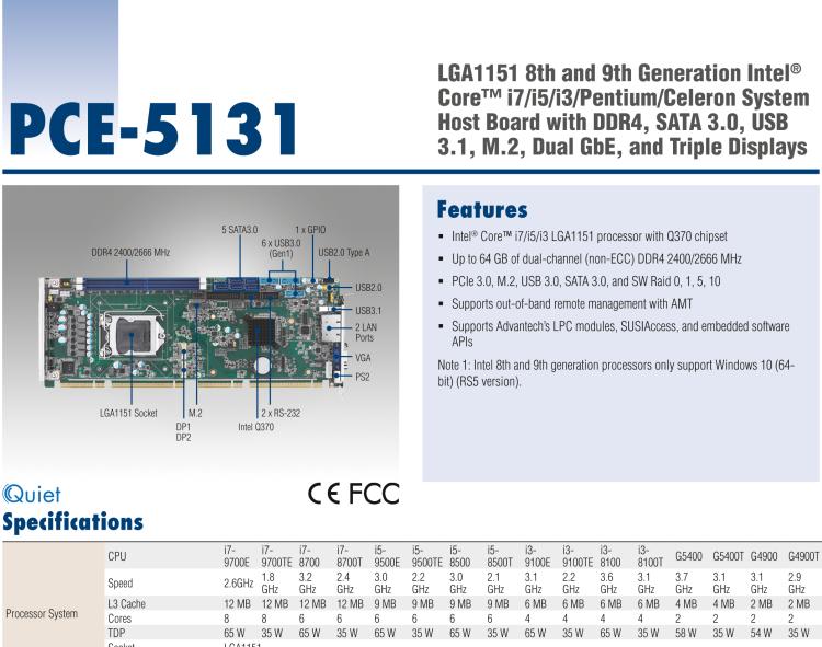 研華PCE-5131 LGA1151第八代Intel? Core? i7/i5/i3/Pentium/Celeron系統主板 帶DDR4, SATA 3.0, USB 3.1, M.2, 雙 GbE和三顯