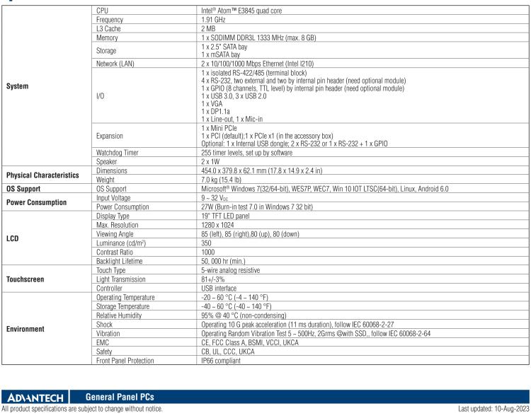 研華PPC-3190-RE4BE 19" 無風扇工業平板電腦, 搭載 Intel? Atom? E3845 四核心處理器