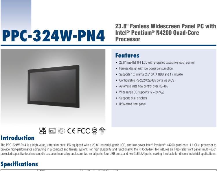 研華PPC-324W-PN40B 23.8" 寬屏無(wú)風(fēng)扇工業(yè)平板電腦, 搭載Intel? Pentium? N4200 四核心處理器