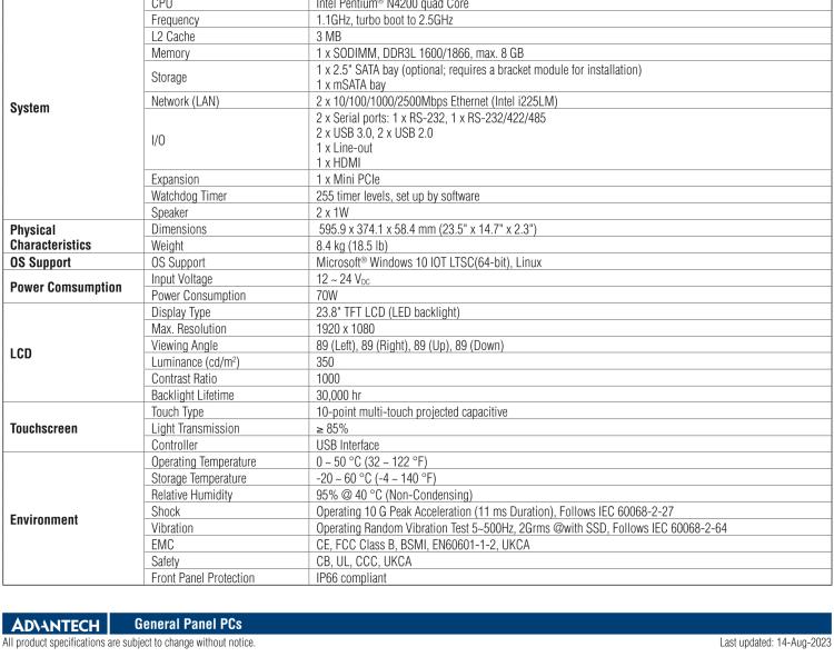 研華PPC-324W-PN40B 23.8" 寬屏無(wú)風(fēng)扇工業(yè)平板電腦, 搭載Intel? Pentium? N4200 四核心處理器