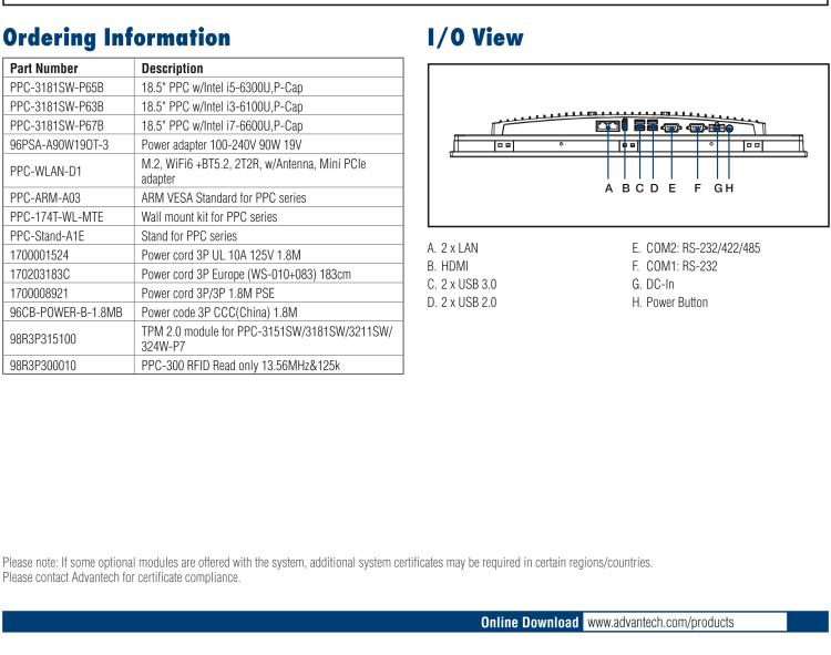 研華PPC-3181SW 18.5" 無風扇工業平板電腦, 搭載 Intel? Core? 第六代處理器