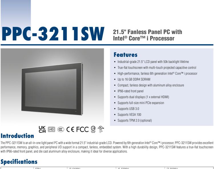 研華PPC-3211SW 21.5"無風(fēng)扇工業(yè)平板電腦, 搭載Intel? 第六代 Core? i 處理器