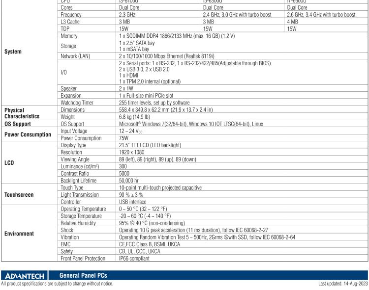 研華PPC-3211SW 21.5"無風(fēng)扇工業(yè)平板電腦, 搭載Intel? 第六代 Core? i 處理器