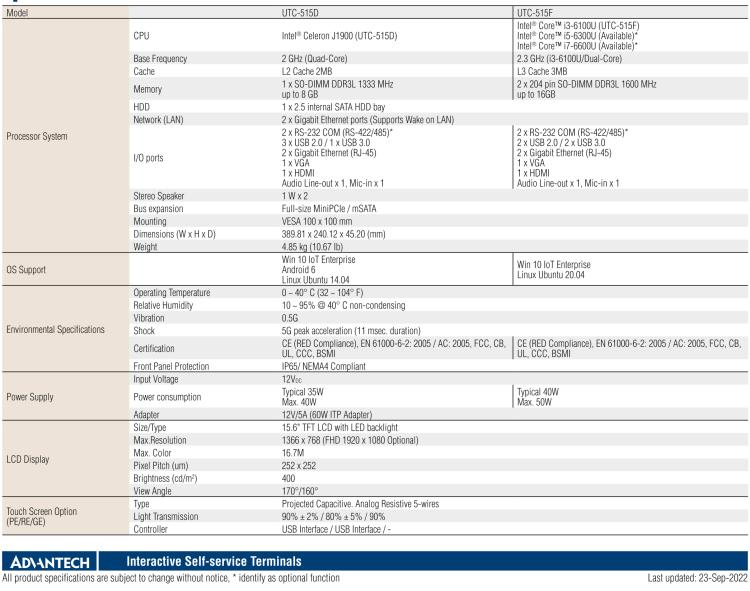 研華UTC-515D 15.6" 多功能觸控一體機，內置英特爾? BayTrail J1900，可附接豐富的外圍設備