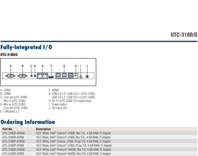 研華UTC-318G 18.5" 多功能觸控一體機, 內置 Intel? Pentium? N4200/Celeron? N3350 處理器