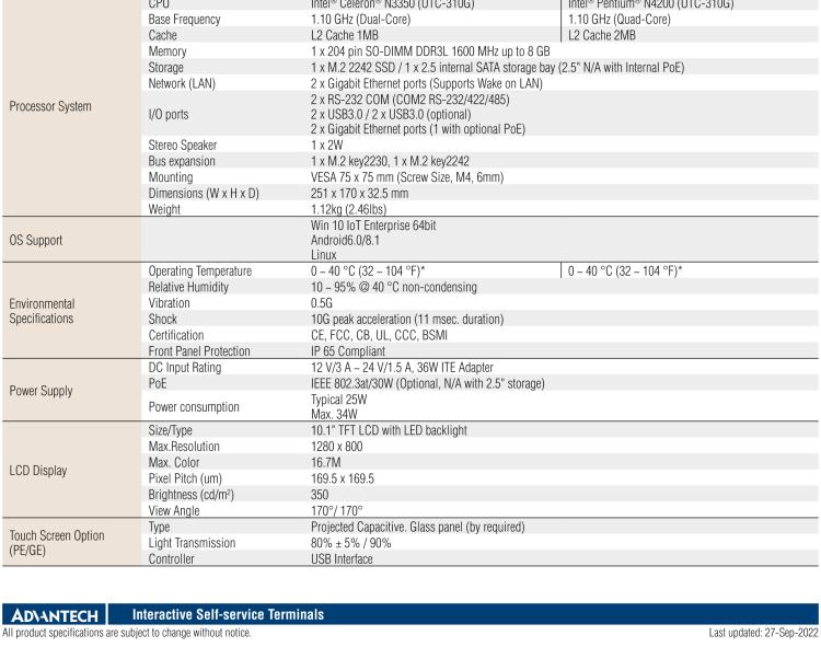 研華UTC-310G 10.1" 多功能觸控一體機(jī)，Intel? Celeron? N3350/Pentium? N4200 處理器