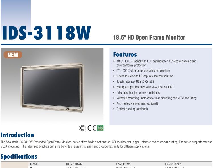 研華IDS-3118W 18.5" 1366 x 768, VGA/DVI/HDMI 多信號接口, 超薄觸摸屏, 開放式顯示器