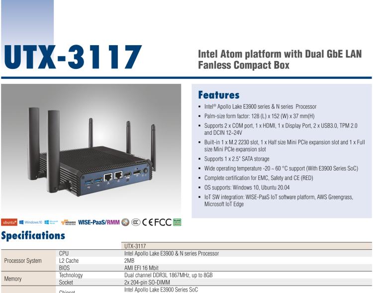 研華UTX-3117 低功耗，緊湊型，4G/WIFI/ BT/LoRa/NB IoT 物聯網邊緣智能網關