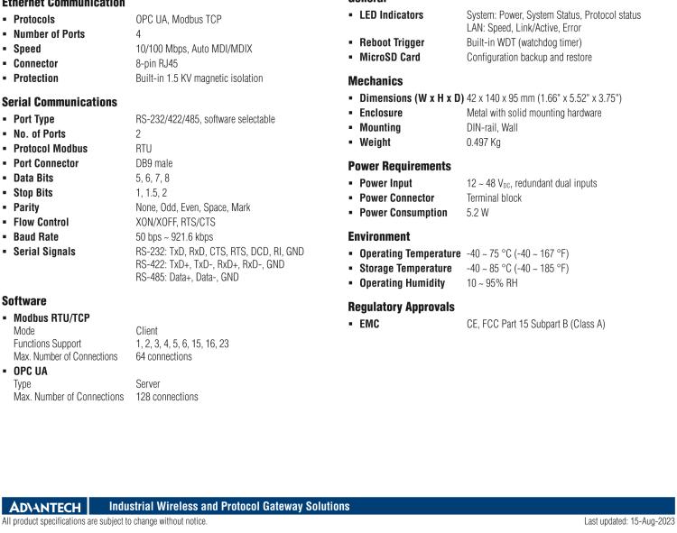 研華EKI-1242IOUMS Modbus TCP/RTU to OPC UA Fieldbus Gateway, Wide Temperature