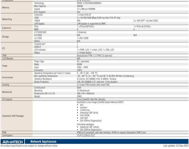 研華FWA-5070 基于Intel?Xeon?處理器可擴展系列1U機架式網絡應用平臺，最高支持4個NMC插槽