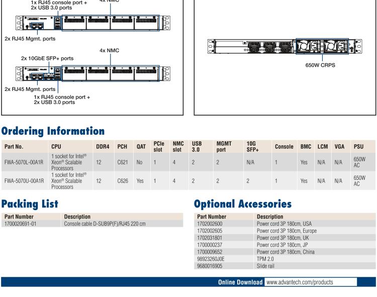 研華FWA-5070 基于Intel?Xeon?處理器可擴展系列1U機架式網絡應用平臺，最高支持4個NMC插槽