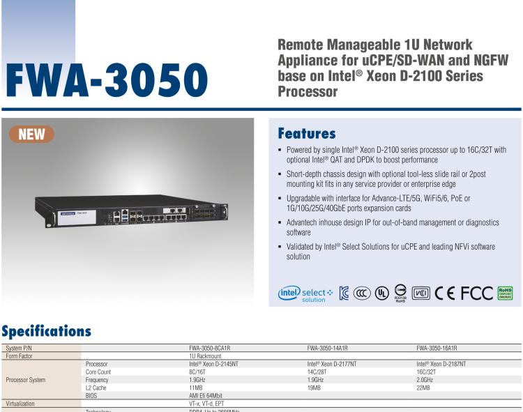 研華FWA-3050 基于Intel?Xeon D-2100系列處理器，用于uCPE和下一代防火墻的遠程可管理1U網絡應用平臺