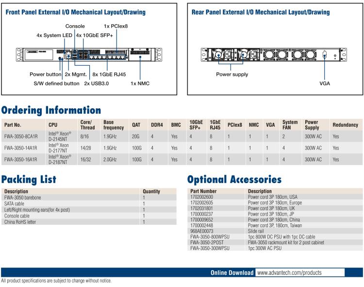 研華FWA-3050 基于Intel?Xeon D-2100系列處理器，用于uCPE和下一代防火墻的遠程可管理1U網絡應用平臺