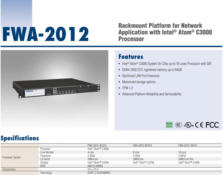 研華FWA-2012 基于Intel?Atom?C3000處理器的網絡應用程序機架安裝平臺