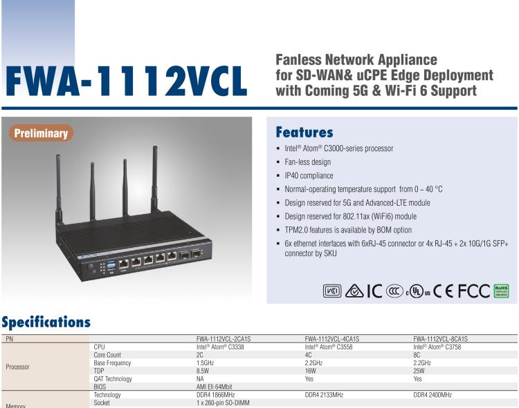 研華FWA-1112VCL Fanless Network Appliance for SD-WAN& uCPE Edge Deployment with Coming 5G & Wi-Fi 6 Support