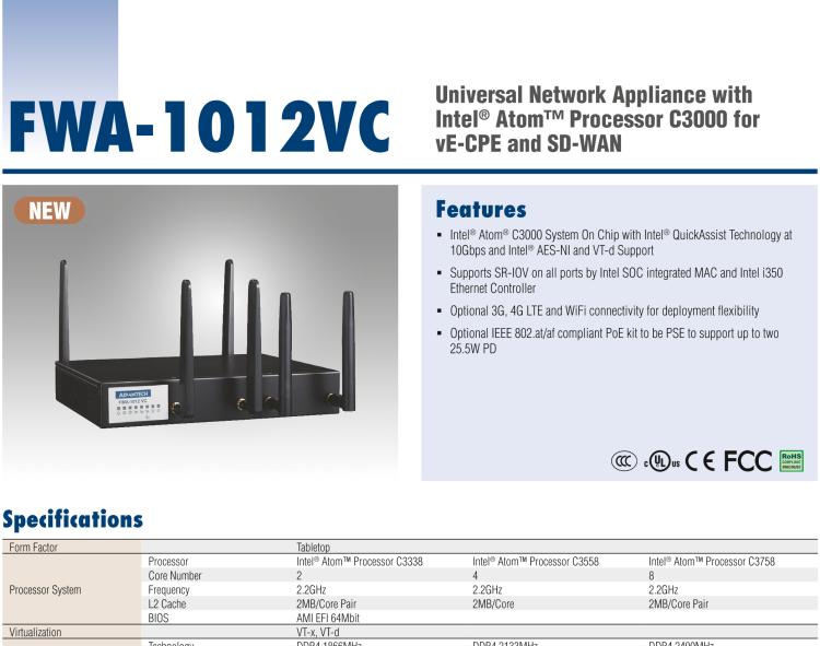 研華FWA-1012VC 基于Intel? Atom? C3000系列 專為VE-CPE和SD-WAN場景設計