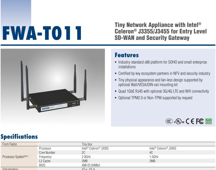 研華FWA-T011 基于Intel? Celeron? N3350/J3455 入門級SD-WAN，安全網關微型網絡應用平臺