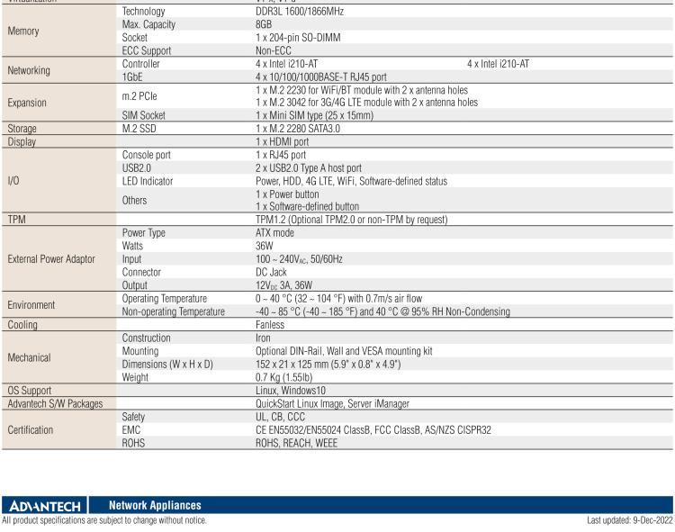 研華FWA-T011 基于Intel? Celeron? N3350/J3455 入門級SD-WAN，安全網關微型網絡應用平臺