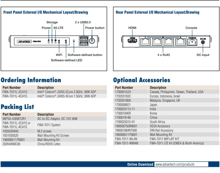 研華FWA-T011 基于Intel? Celeron? N3350/J3455 入門級SD-WAN，安全網關微型網絡應用平臺