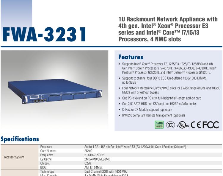 研華FWA-3231 基于Intel? Haswell XeonTM E3/CoreTM/ PentiumTM /CeleronTM 系列處理器 1U機架式網絡應用平臺