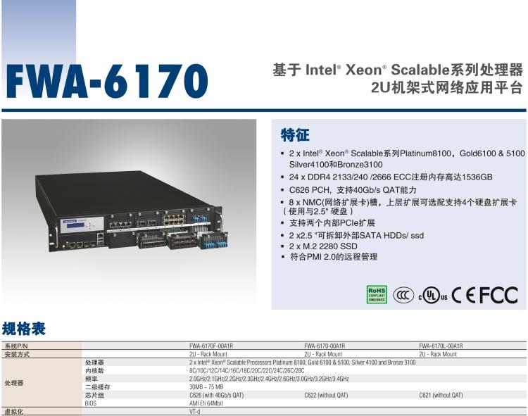 研華FWA-6170 基于 Intel? Xeon? Scalable系列處理器 2U機架式網絡應用平臺