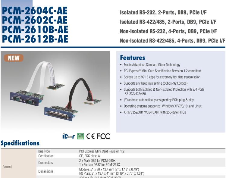 研華PCM-2604C 隔離式 RS-232, 2-Ports, DB9, PCIe I/F