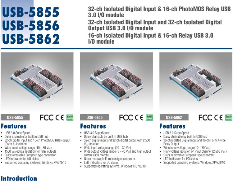 研華USB-5862 16通道隔離數字輸入和16通道繼電器數字輸出USB 3.0 I / O模塊