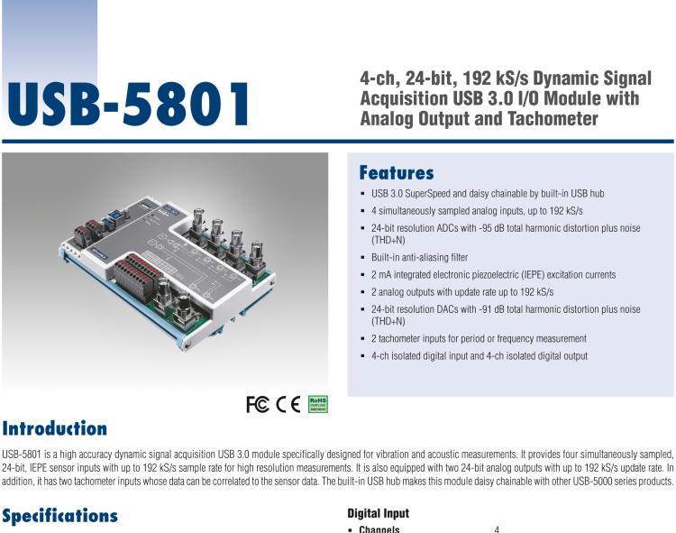 研華USB-5801 4路，24位，192 kS / s的動態信號采集USB 3.0 I / O模塊使用模擬輸出和轉速計