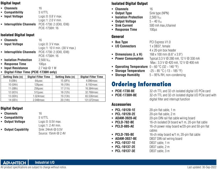 研華PCIE-1730 PCI Expresscard擴展接口，支持32通道隔離DIO和TTL DIO