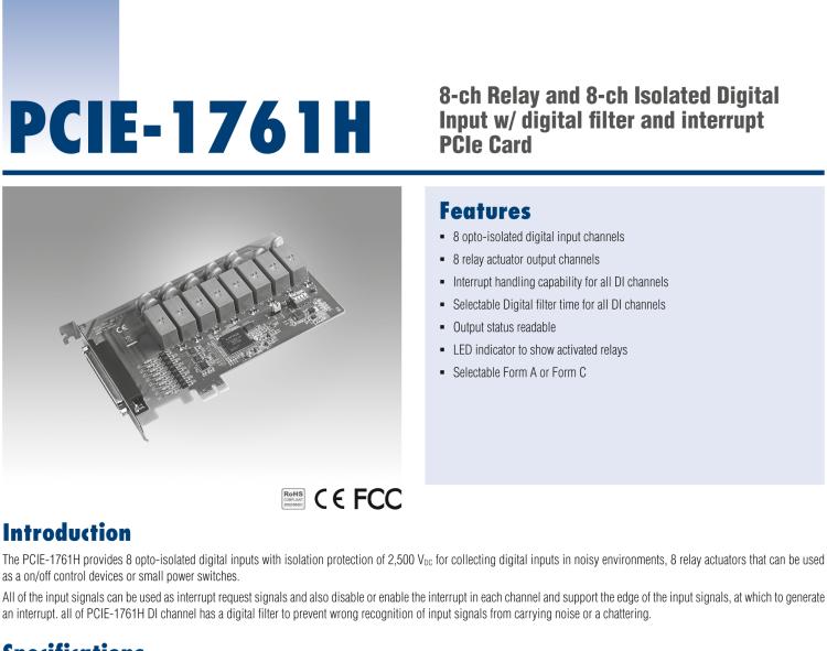 研華PCIE-1761H 8通道繼電器和8通道隔離式數(shù)字輸入，帶數(shù)字濾波器和中斷PCIe卡