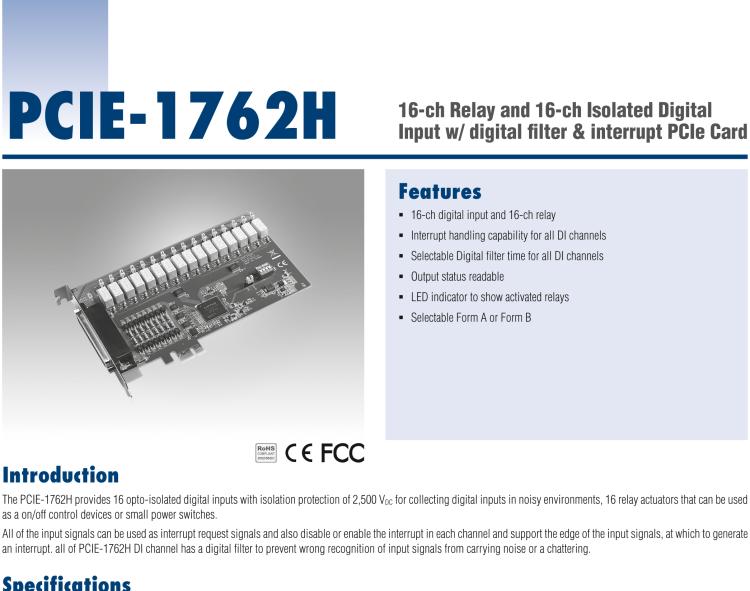 研華PCIE-1762H 16 通道繼電器和 16 通道隔離數字輸入，帶數字濾波器和中斷 PCIe 卡