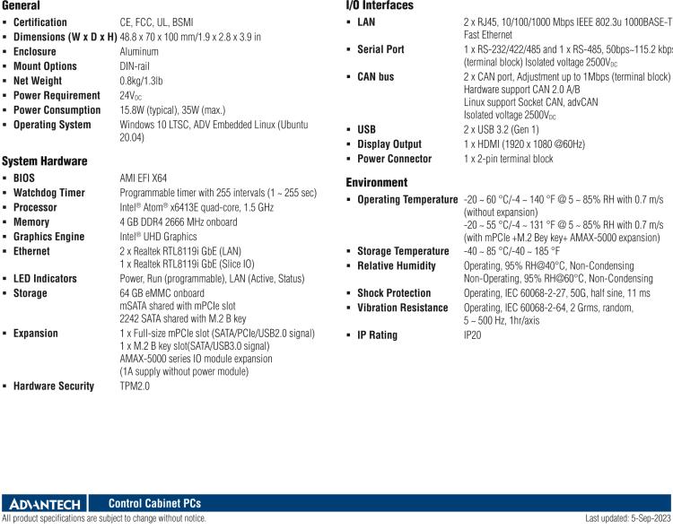 研華AMAX-5570 超微型控制平臺，采用Intel Atom處理器、64GB eMMC、2 個以太網口、2 個 USB、2 個 CAN、2 個 COM 和插片 IO 擴展