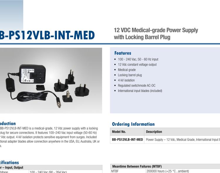 研華BB-PS12VLB-INT-MED Power Supply, AC to 12 VDC Medical-grade, Locking Plug