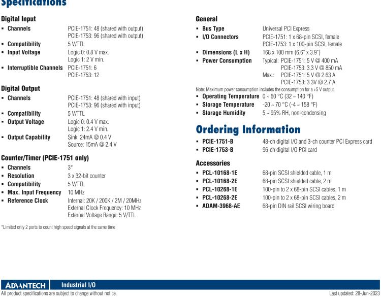 研華PCIE-1751 48 通道PCI Express總線通用數字 I/O 和計數器卡